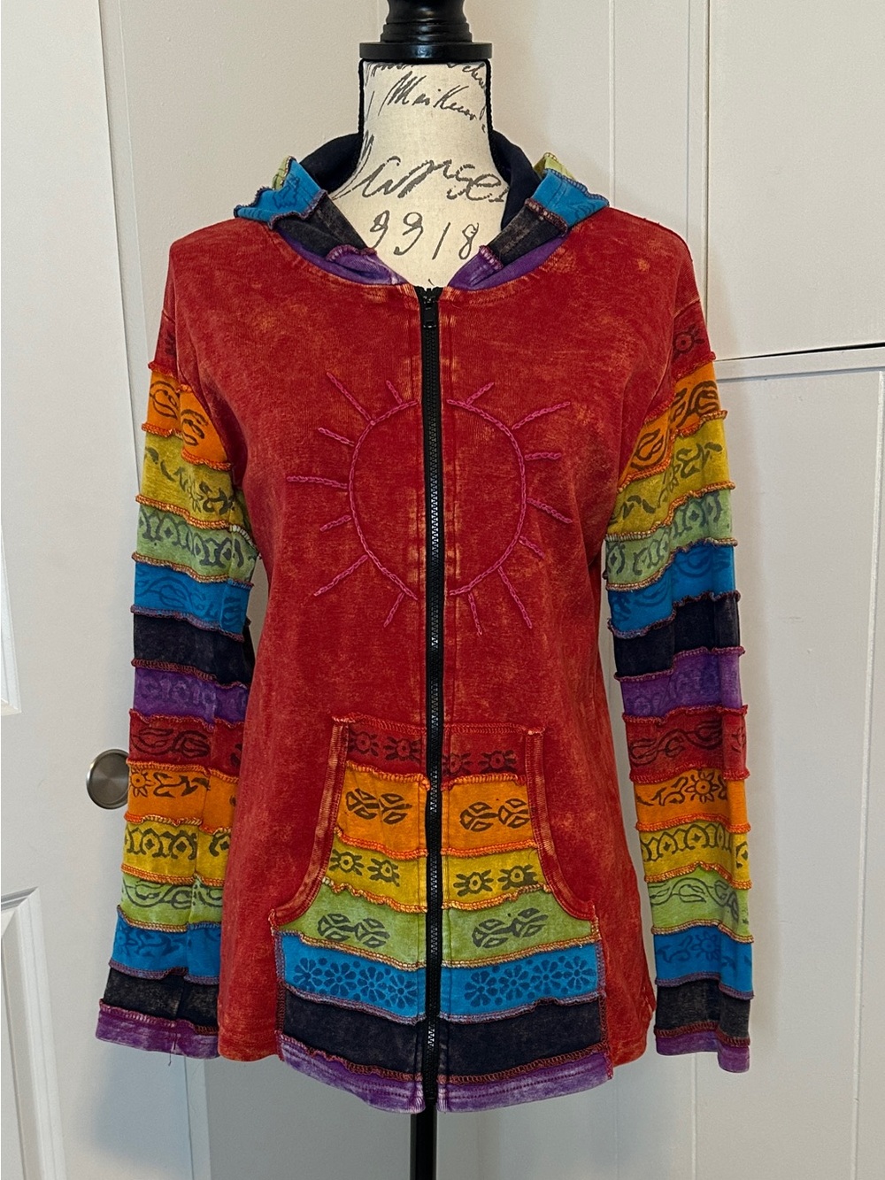 Greater Good Rainbow Patchwork Zip Hoodie Boho Sun Nepal Size L/XL